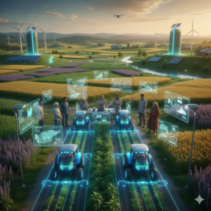 The image provided for precision agriculture illustrates the integration of high-tech data collection and automation into modern farming.